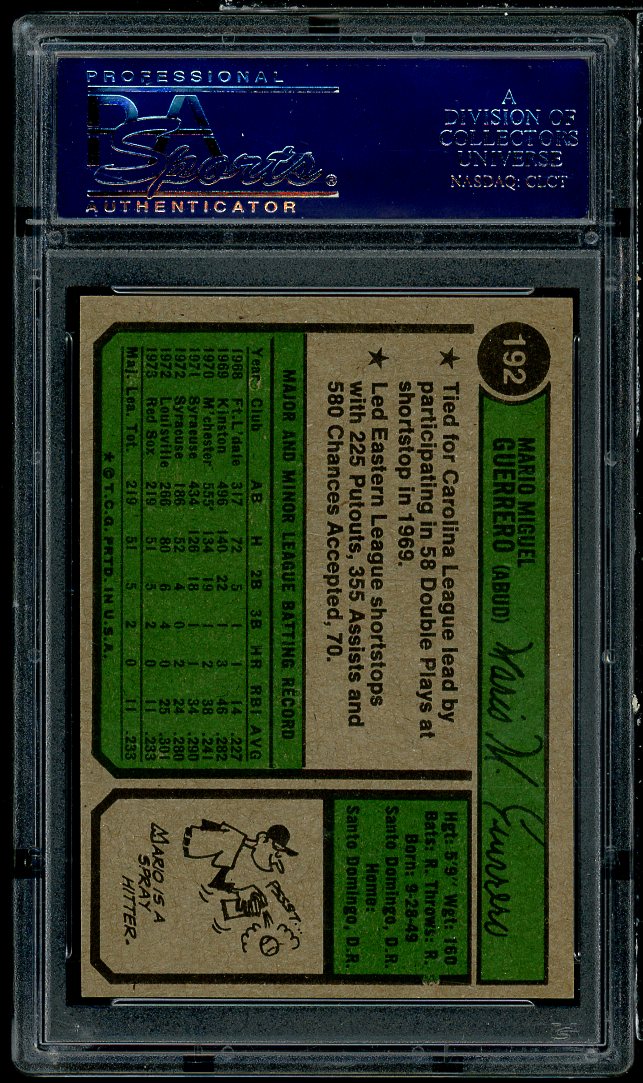 Mario Guerrero Card 1974 Topps #192 PSA 9 Image 2