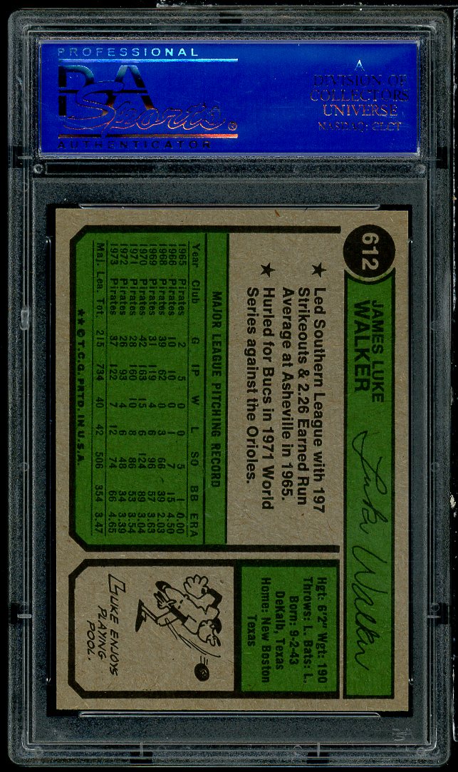 Luke Walker Card 1974 Topps #612 PSA 9 Image 2