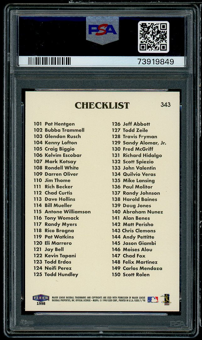 Derek Jeter Card 1998 Fleer Tradition #343 PSA 10 Image 2