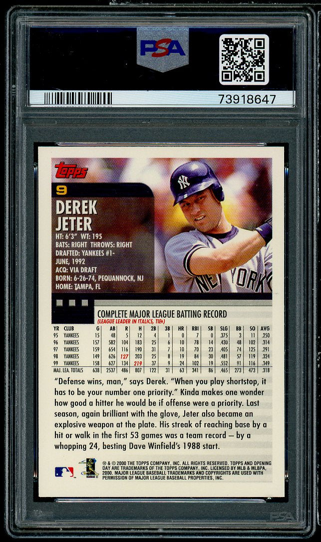 Derek Jeter Card 2000 Opening Day #9 PSA 10 Image 2