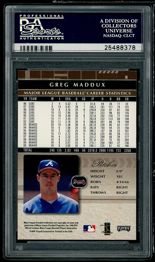 Greg Maddux Card 2001 Playoff Absolute Memorabilia #8 PSA 10 Image 2