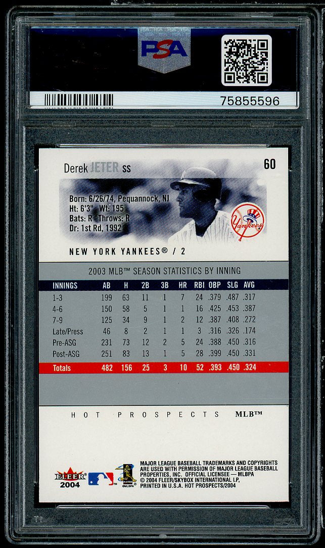 Derek Jeter Card 2004 Fleer Hot Prospects Draft Edition #60 PSA 10 Image 2