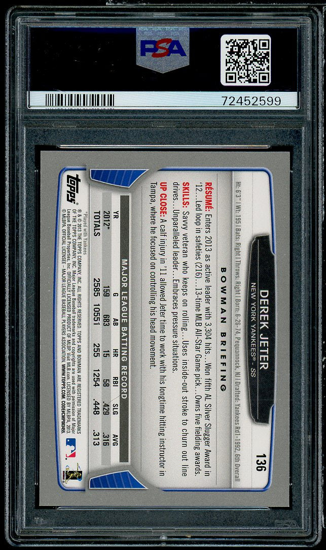 Derek Jeter Card 2013 Bowman #136 PSA 10 Image 2