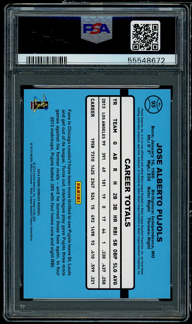 Albert Pujols Card 2014 Donruss #95 PSA 10 Image 2