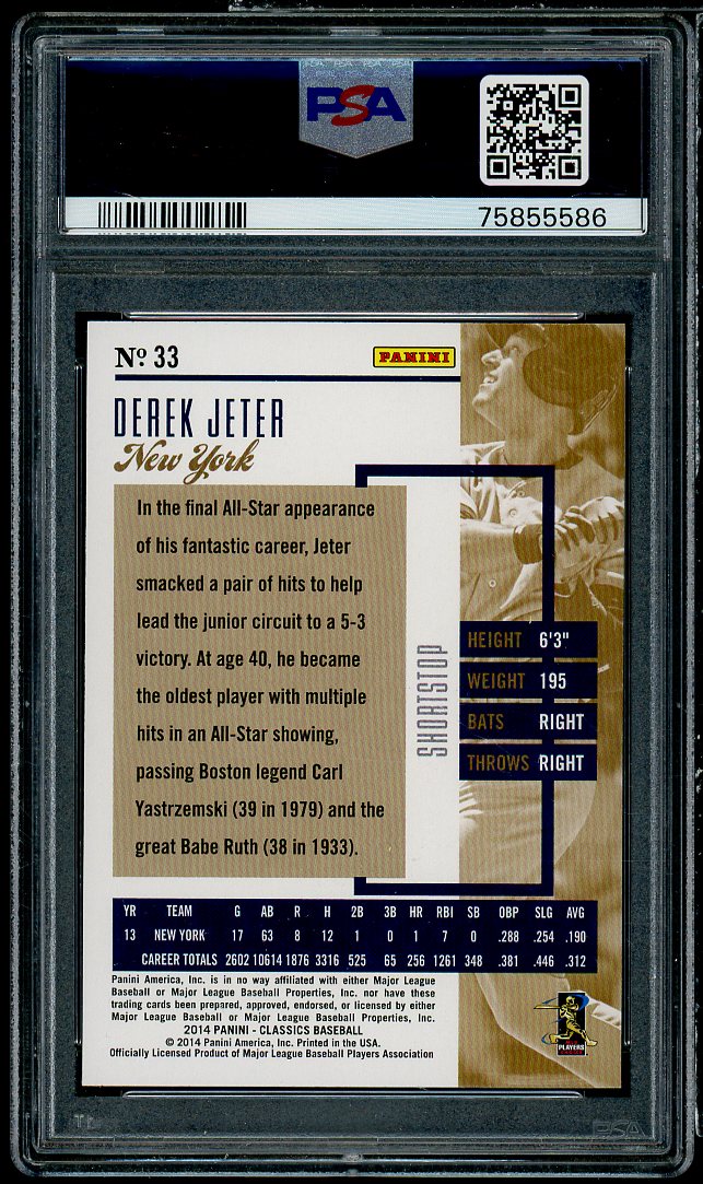 Derek Jeter Card 2014 Panini Classics #33 PSA 10 Image 2