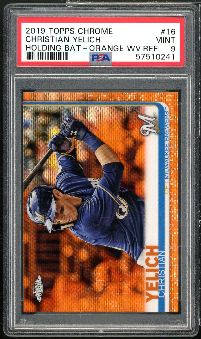 Christian Yelich Card 2019 Topps Chrome Orange Wave Refractor #16 PSA 9 Image 1