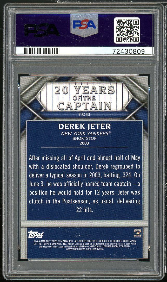 Derek Jeter Card 2020 Topps Update 20 Years of The Captain #YOC03 PSA 10 Image 2