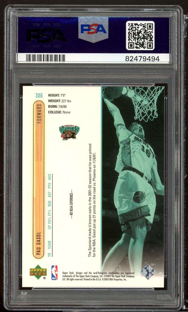 Pau Gasol Rookie Card 2001-02 Upper Deck #306 PSA 8 Image 2