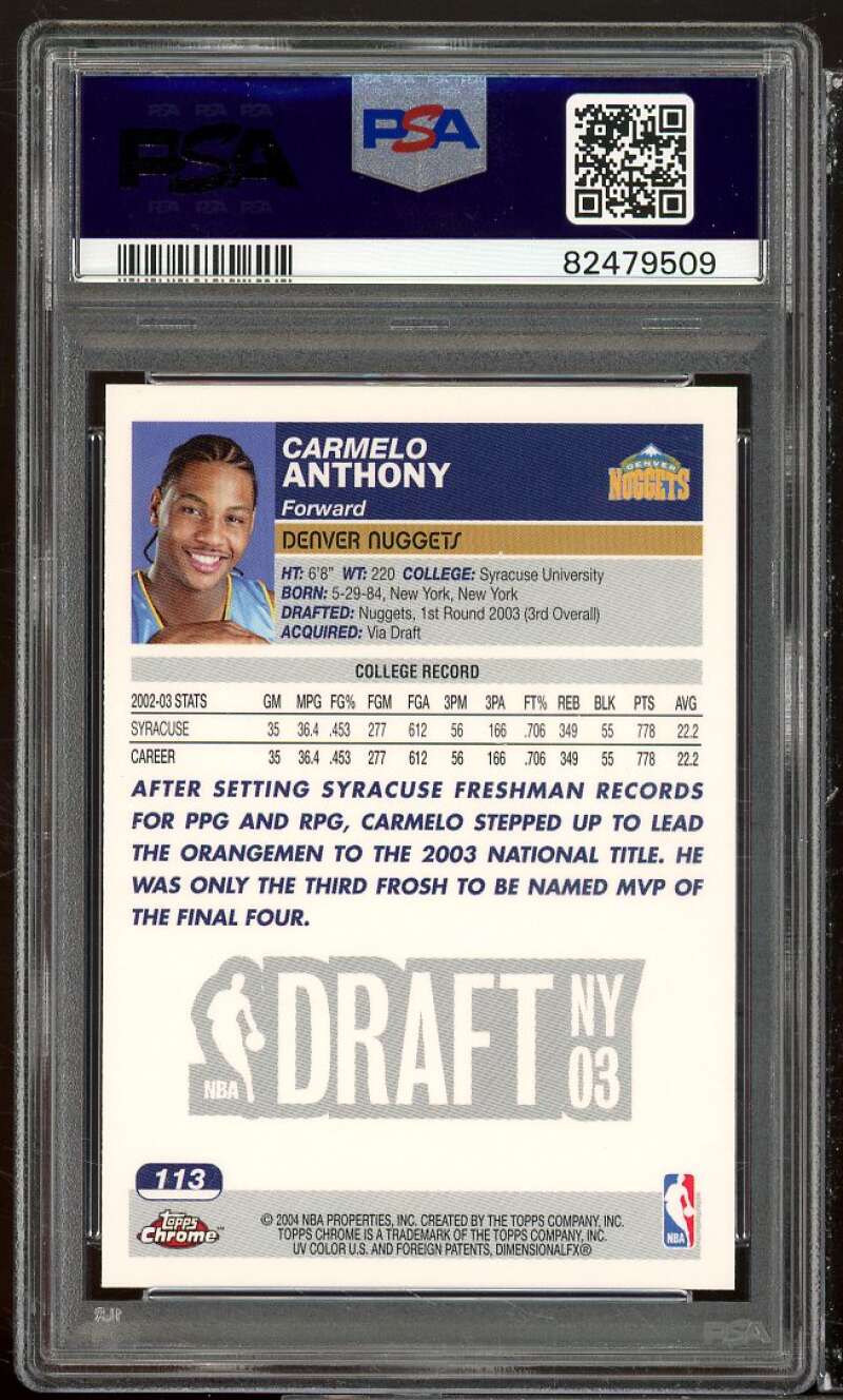 Carmelo Anthony Rookie Card 2003-04 Topps Chrome #113 PSA 10 Image 2