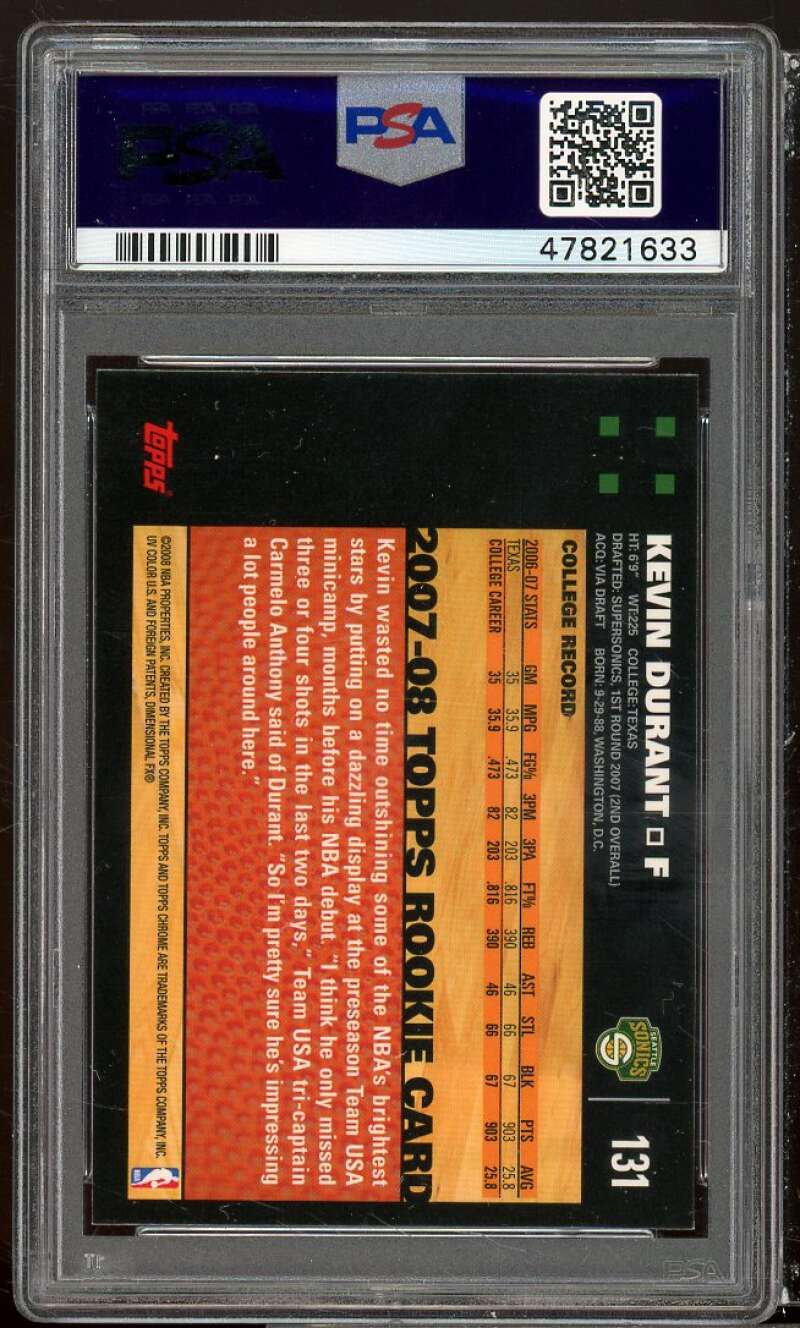 Kevin Durant Rookie Card 2007-08 Topps Chrome #131 PSA 9 Image 2