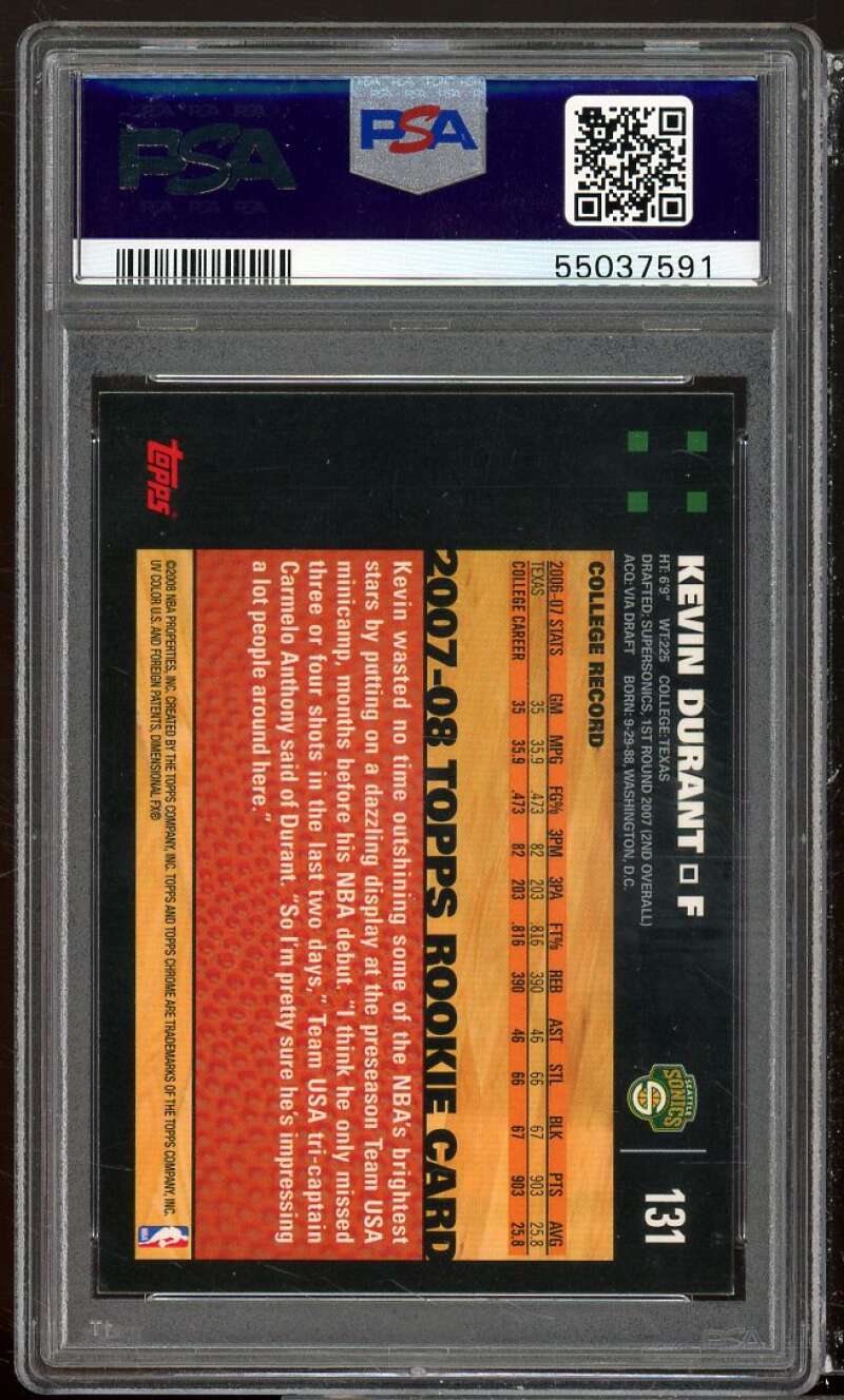 Kevin Durant Rookie Card 2007-08 Topps Chrome #131 PSA 9 Image 2