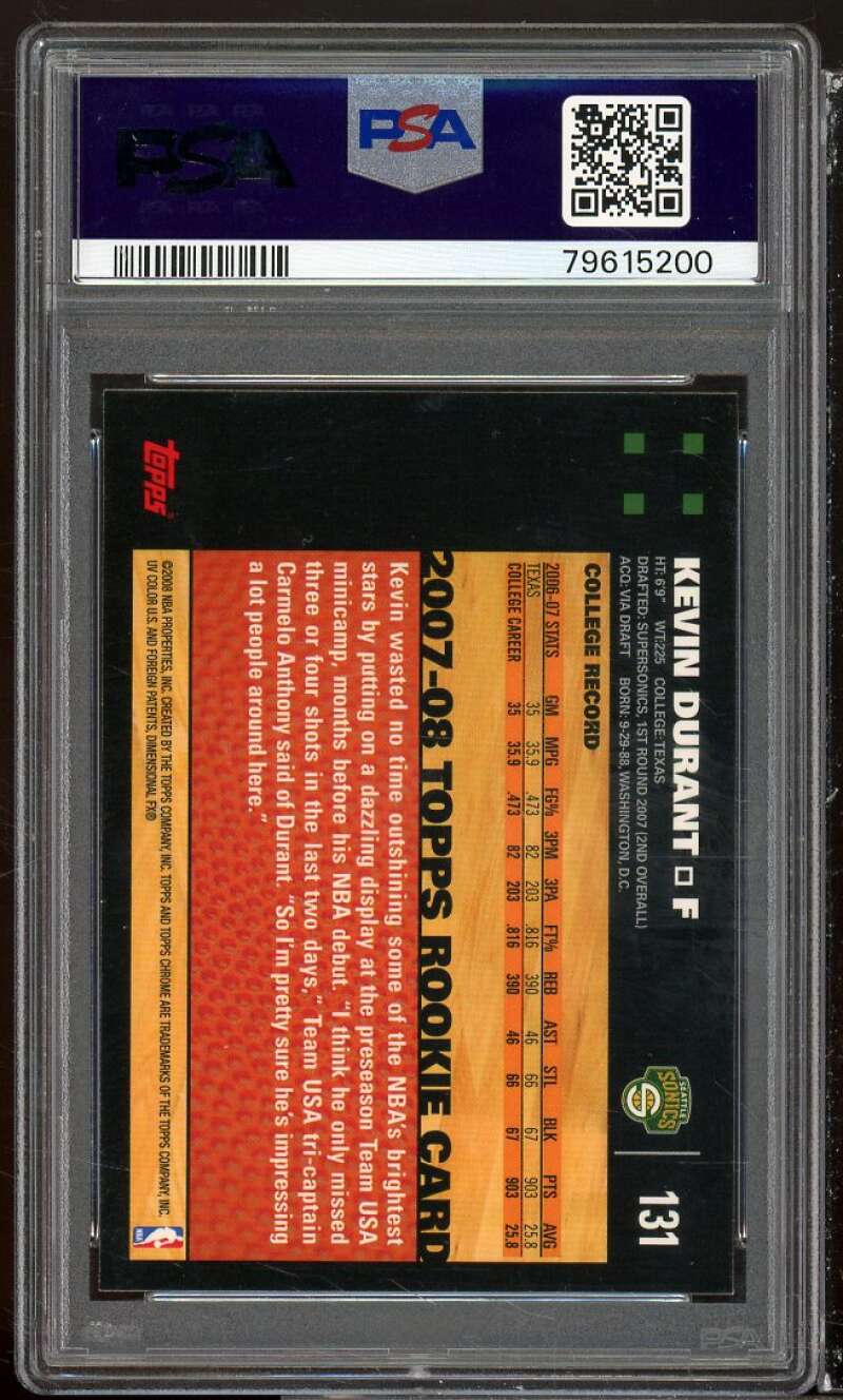 Kevin Durant Rookie Card 2007-08 Topps Chrome #131 PSA 9 Image 2