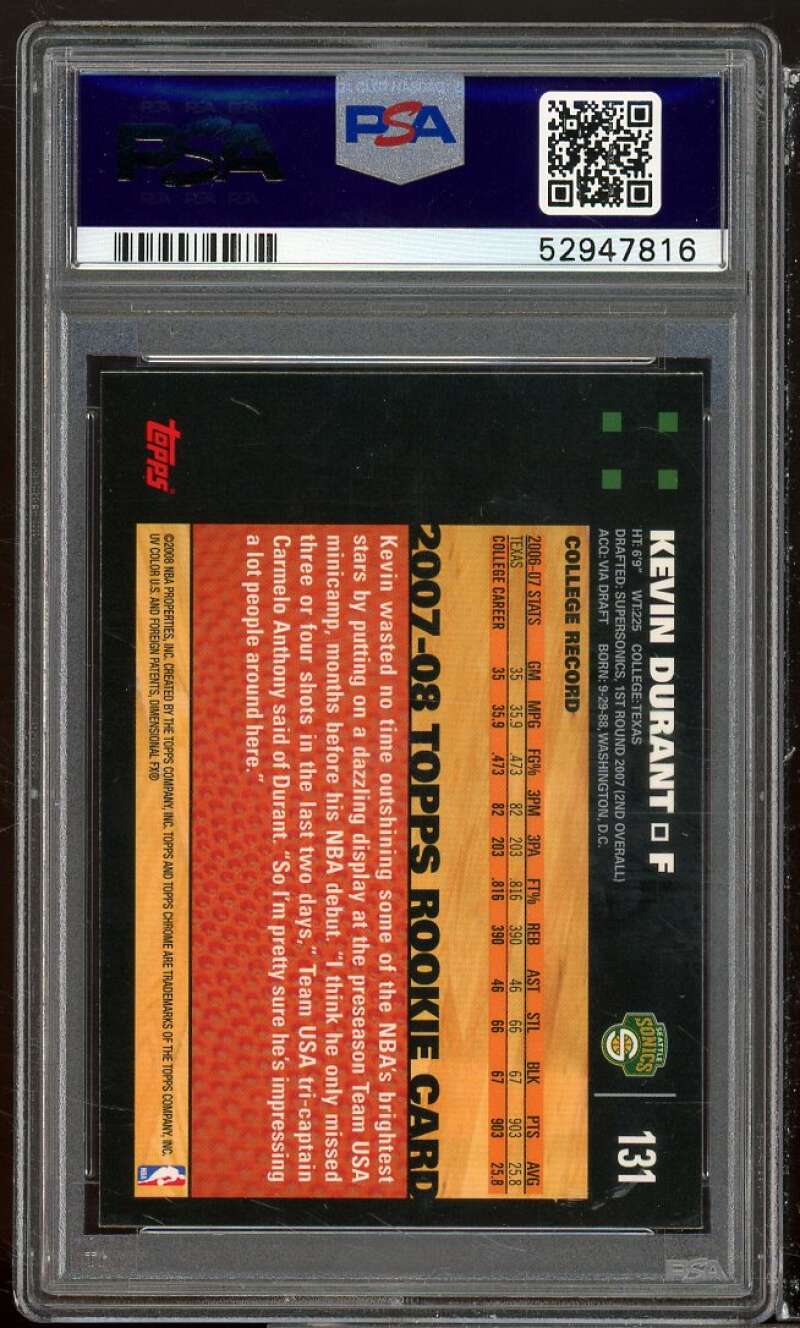 Kevin Durant Rookie Card 2007-08 Topps Chrome #131 PSA 9 Image 2