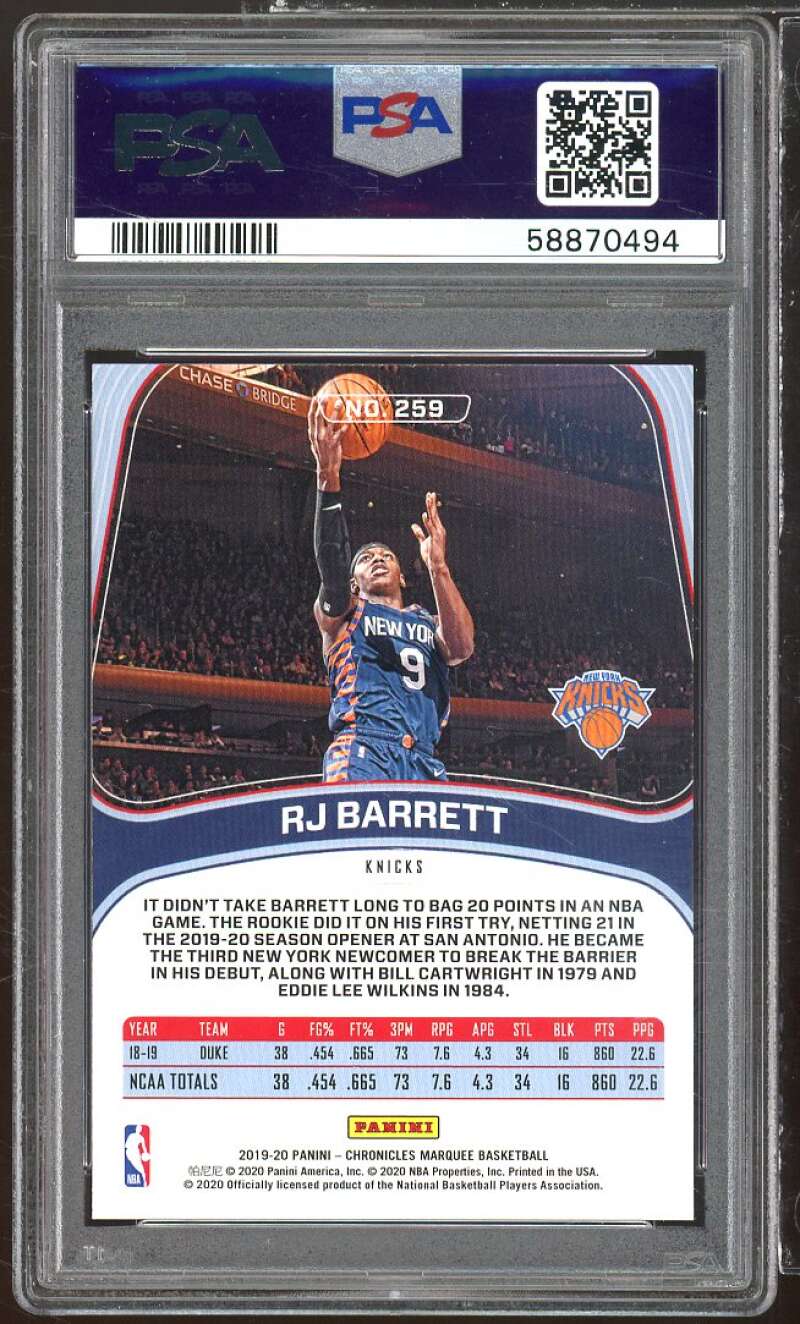 RJ Barrett Rookie Card 2019-20 Panini Chronicles #259 PSA 10 Image 2