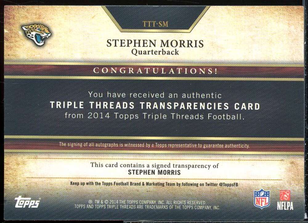 Stephen Morris RC 2014 Topps Triple Threads Transparencies Auto Emerald #TTTSM  Image 2