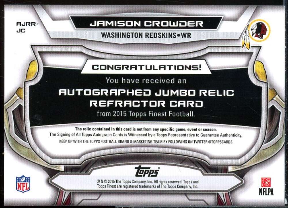 Jamison Crowder Rookie 2015 Finest Jumbo Jersey Autographs Refractors #AJRRJC  Image 2