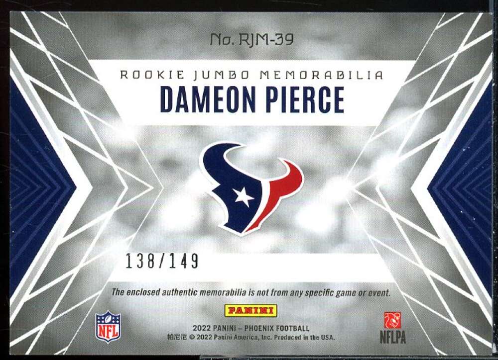 Dameon Pierce Rookie Card 2022 Panini Phoenix Rookie Jumbo Memorabilia #39  Image 2
