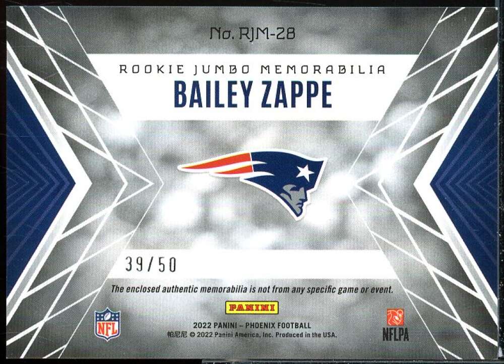 Bailey Zappe Card 2022 Panini Phoenix Rookie Jumbo Memorabilia Prime Yellow #28  Image 2