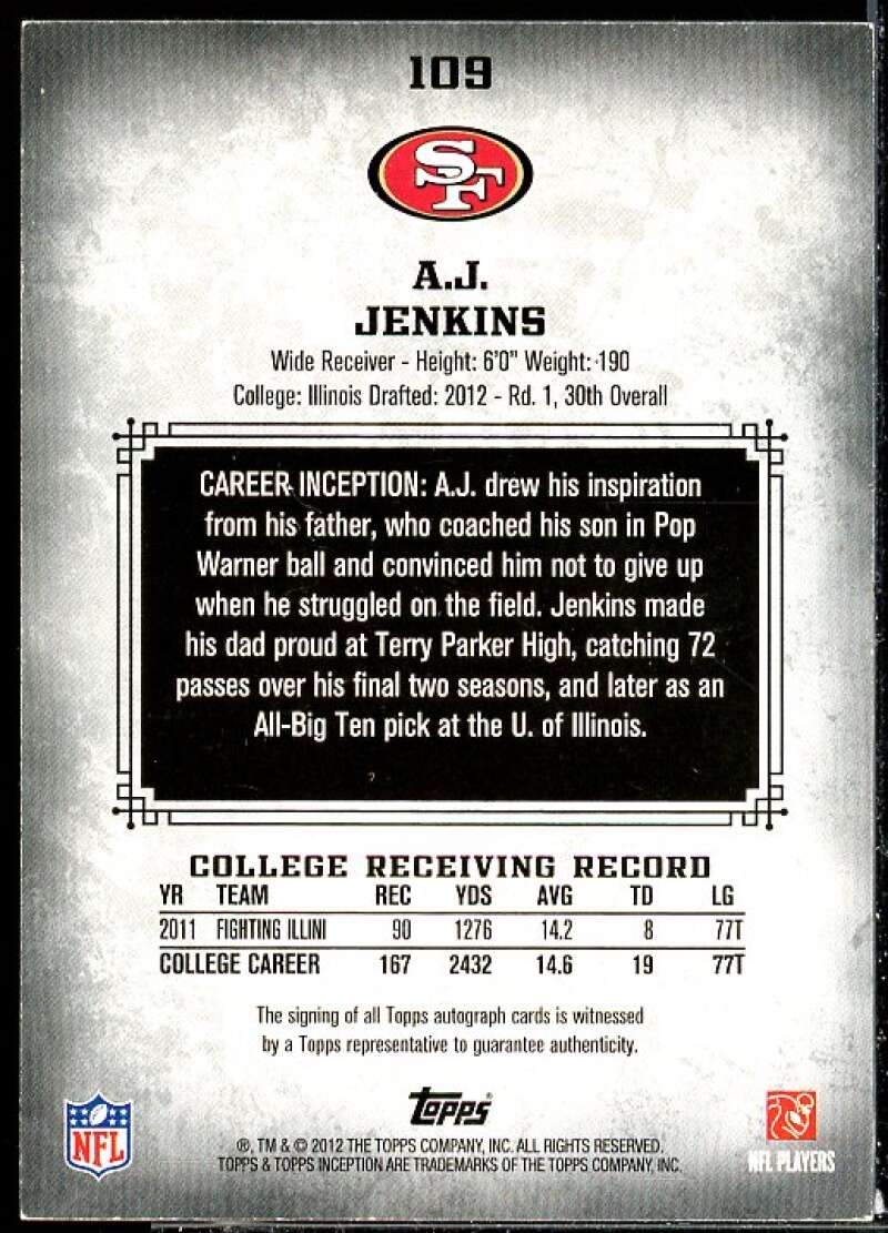 A.J. Jenkins AU Rookie Card 2012 Topps Inception Green #109  Image 2