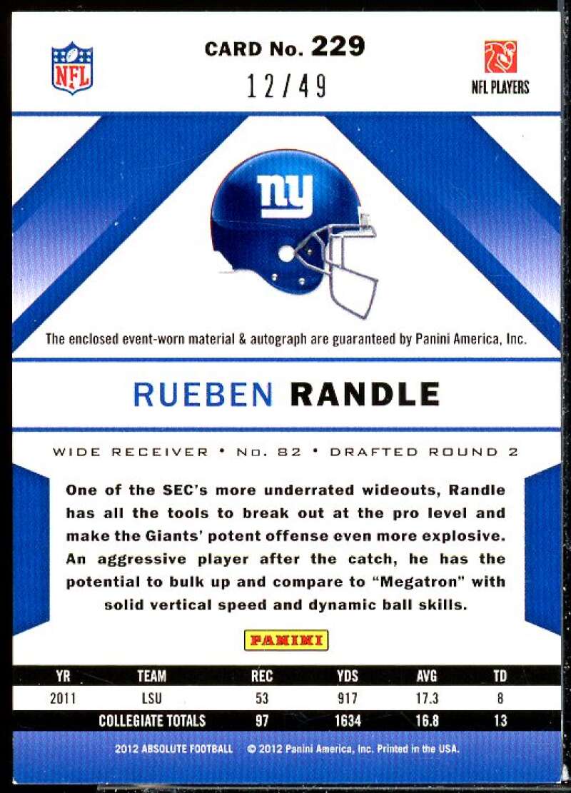 Rueben Randle 2012 Absolute Rookie Premiere Materials Autographs AFC/NFC #229  Image 2