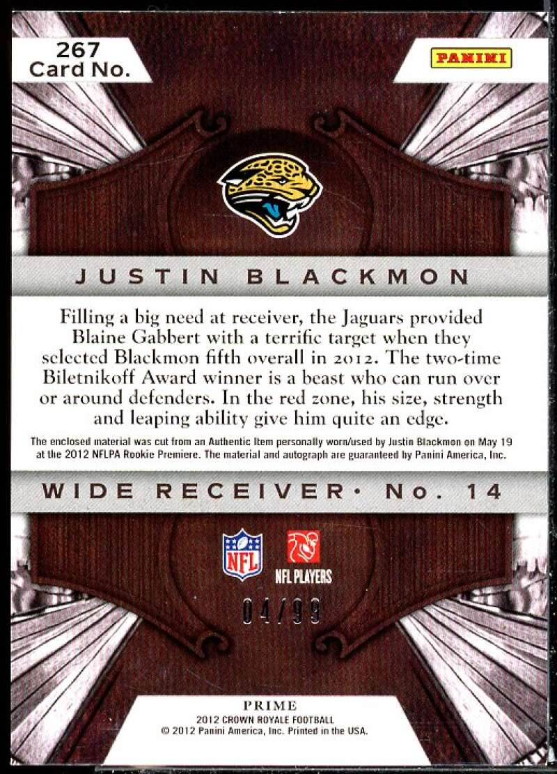 Justin Blackmon JSY AU Card 2012 Crown Royale Gold Holofoil #267  Image 2