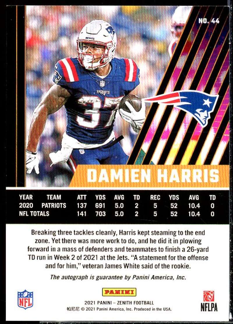 Damien Harris Card 2021 Zenith Autographs #44  Image 2