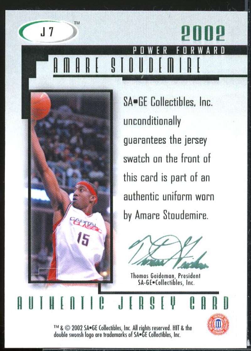 Amare Stoudemire Rookie Card 2002 SAGE HIT Authentic Jerseys #J7  Image 2