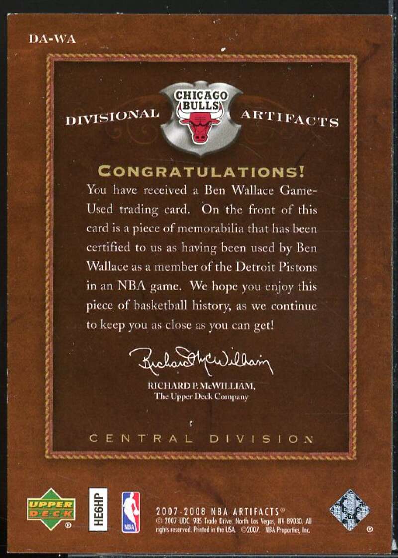 Ben Wallace Card 2007-08 Artifacts Divisional Artifacts #DAWA  Image 2