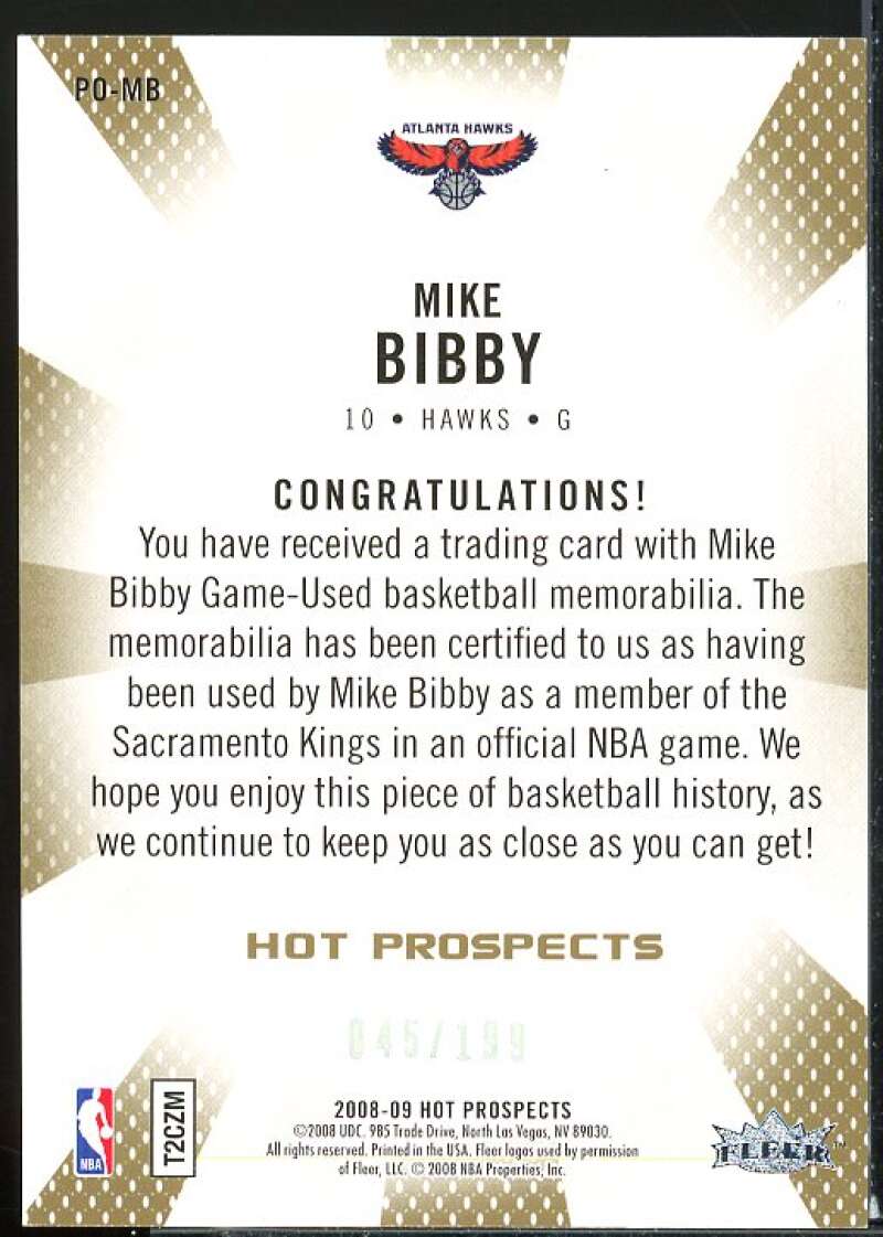 Mike Bibby Card 2008-09 Hot Prospects Property of Jerseys #POMB  Image 2