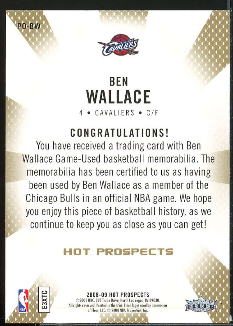 Ben Wallace Card 2008-09 Hot Prospects Property of Jerseys #POBW  Image 2