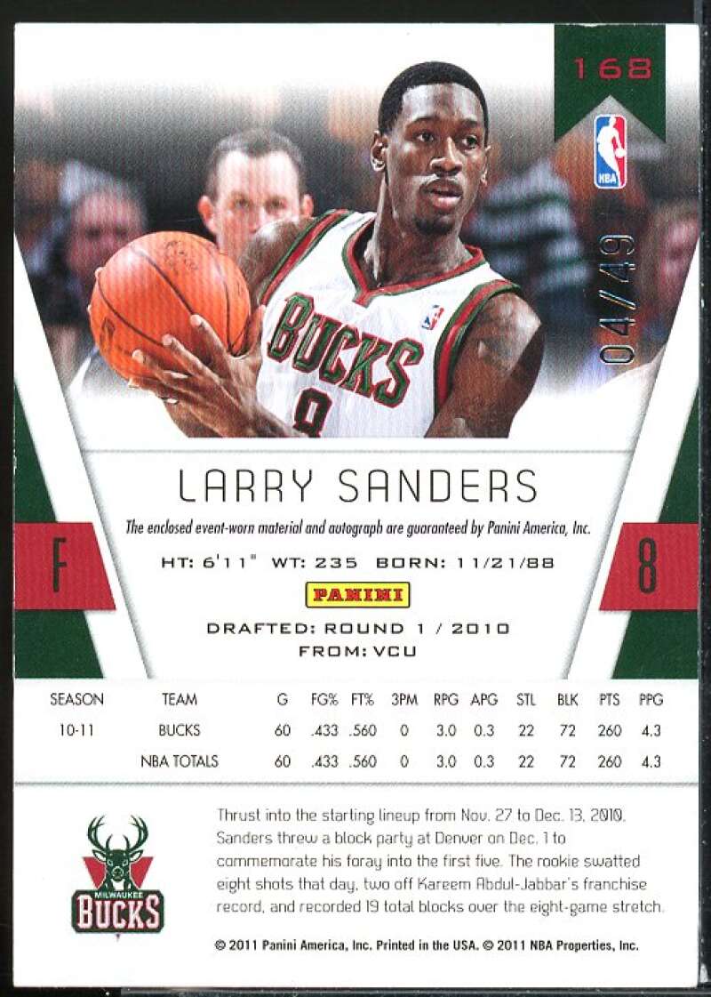 Larry Sanders JSY AU Rookie Card 2010-11 Totally Certified Blue Autographs #168  Image 2