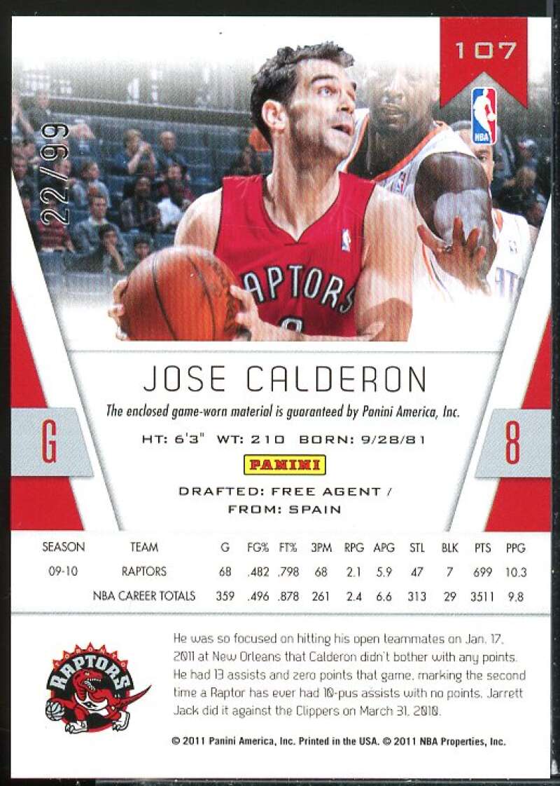 Jose Calderon Card 2010-11 Totally Certified Blue Materials #107  Image 2