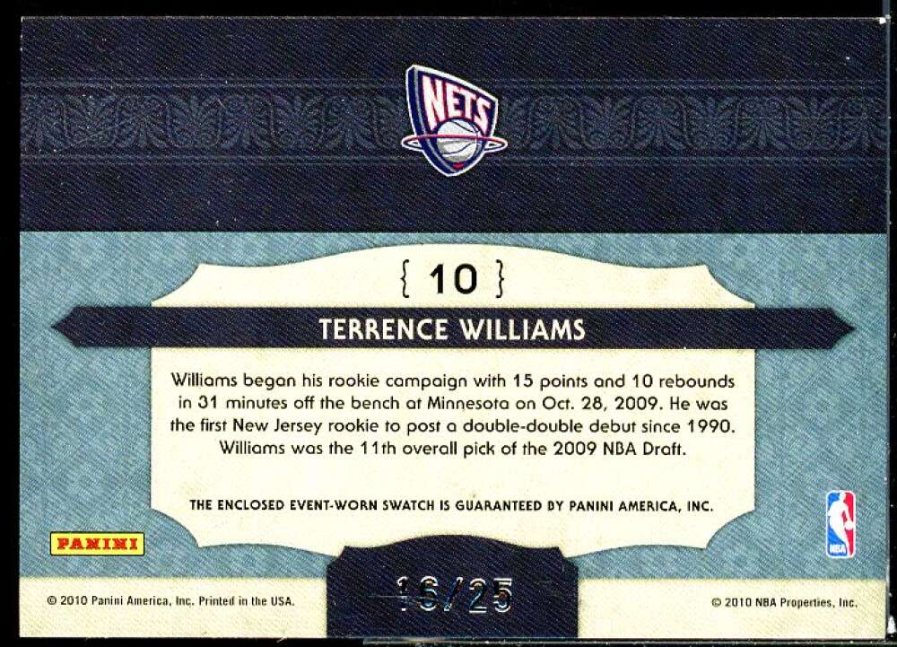 Terrence Williams 2009-10 Timeless Treasures NBA Apprentice Materials Prime #10  Image 2