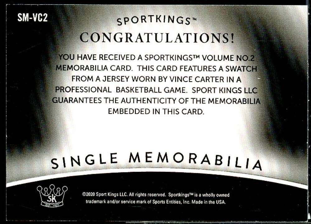 Vince Carter Card 2021 Sportkings Volume 2 Memorabilia #SMVC2  Image 2