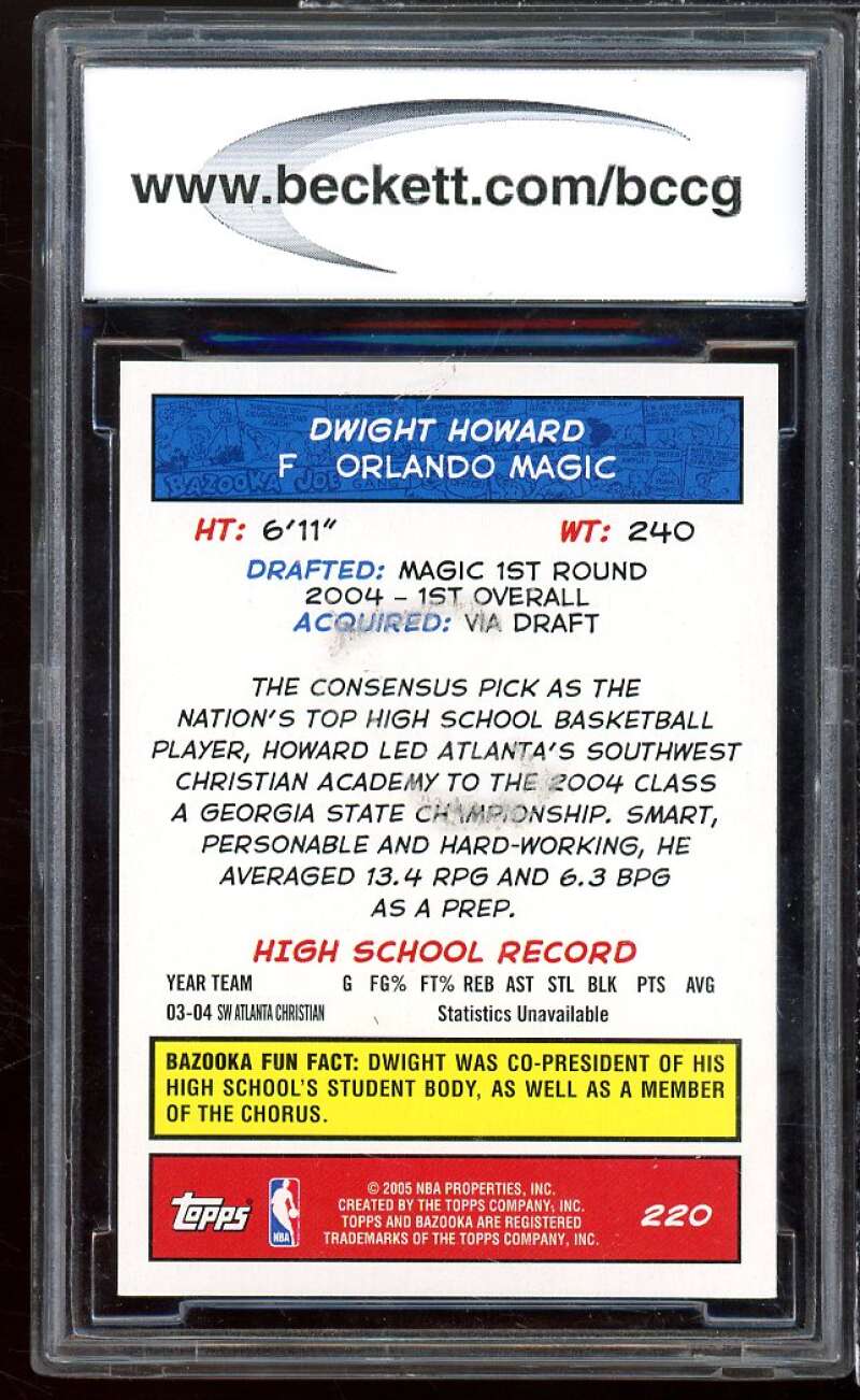 Dwight Howard Rookie Card 2004-05 Bazooka #220 BGS BCCG 10 Image 2