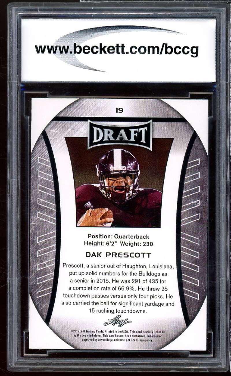 Dak Prescott Rookie Card 2016 Leaf Draft #19 BGS BCCG 10 Image 2