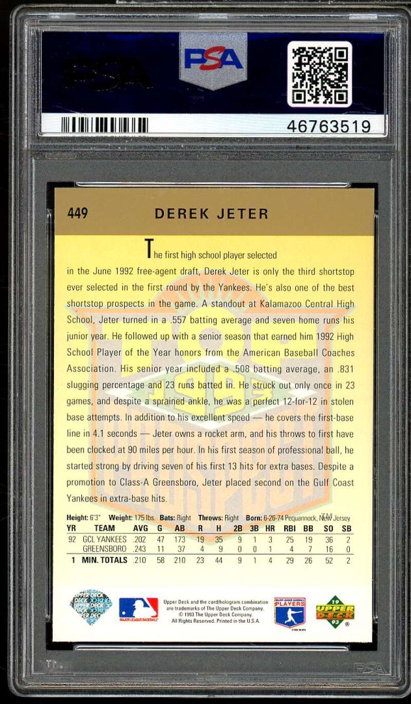 Derek Jeter Rookie Card 1993 Upper Deck #449 PSA 8.5 Image 2