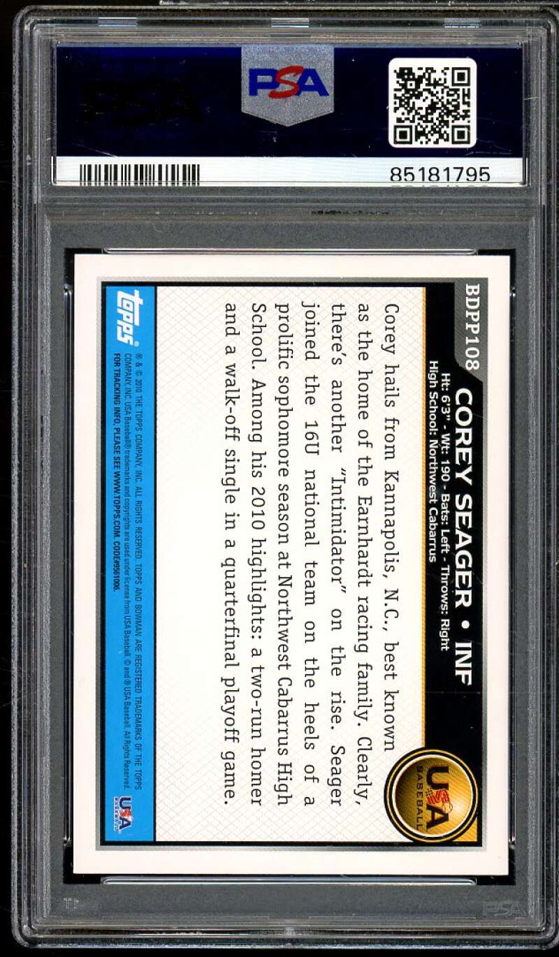 Corey Seager Rookie Card 2010 Bowman Draft Picks Prospects #108 PSA 10 Image 2