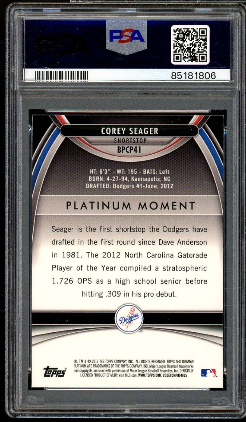 Corey Seager Card 2013 Bowman Platinum Chrome Prospect #BPPP41 PSA 10 Image 2