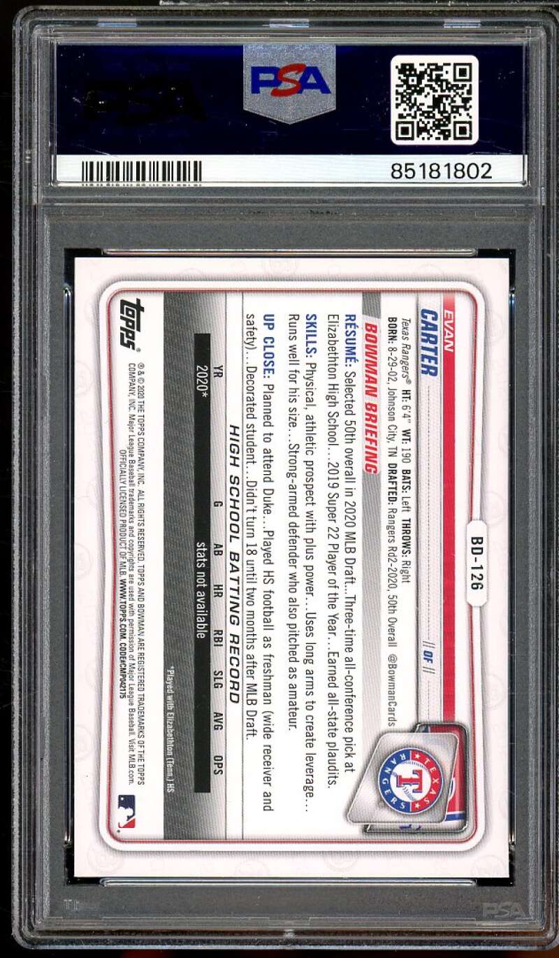 Evan Carter Rookie Card 2020 Bowman Draft #BD126 PSA 10 Image 2