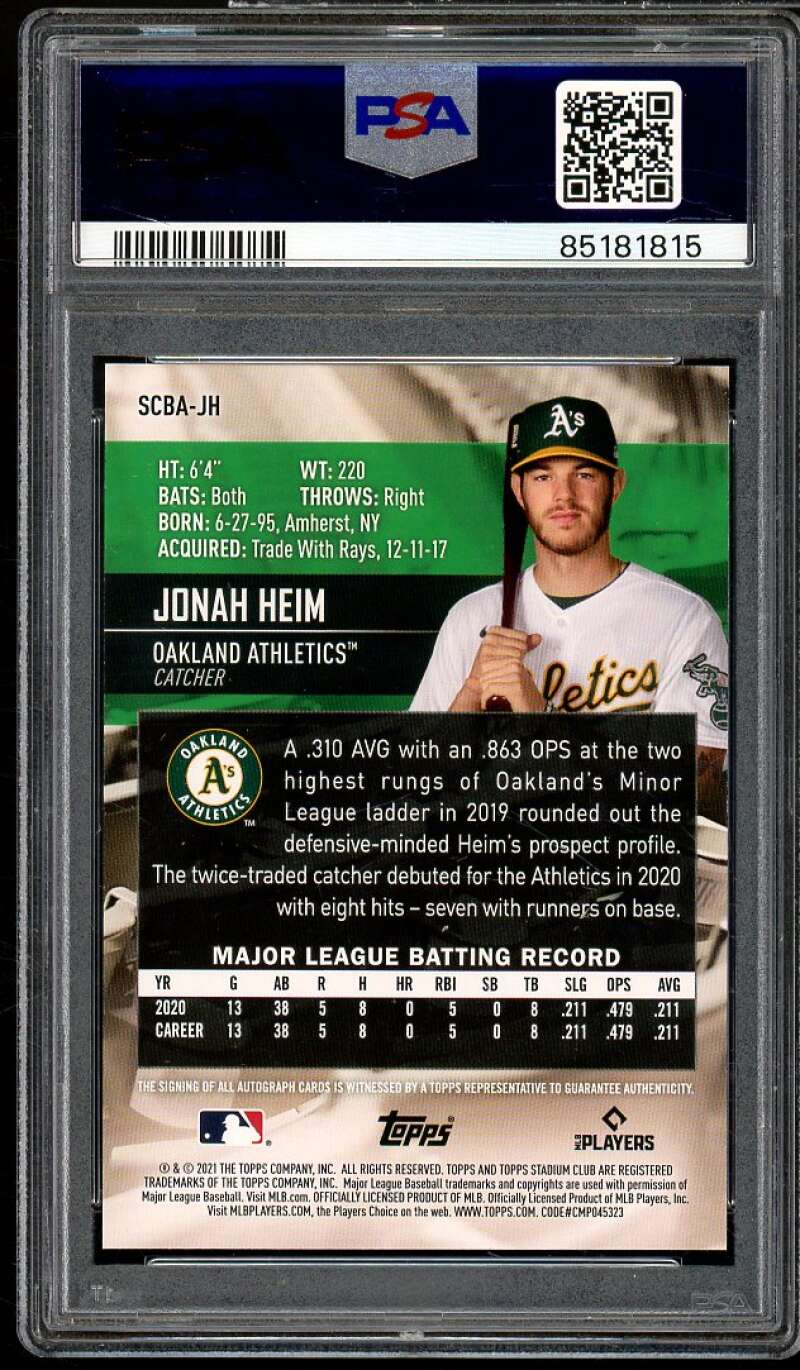 Jonah Heim Rookie Card 2021 Stadium Club Autographs #SCBAJH PSA 10 Image 2