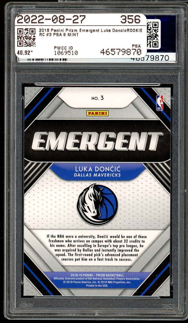 Luka Doncic Rookie Card 2018-19 Panini Prizm Emergent #3 PSA 9 Image 2