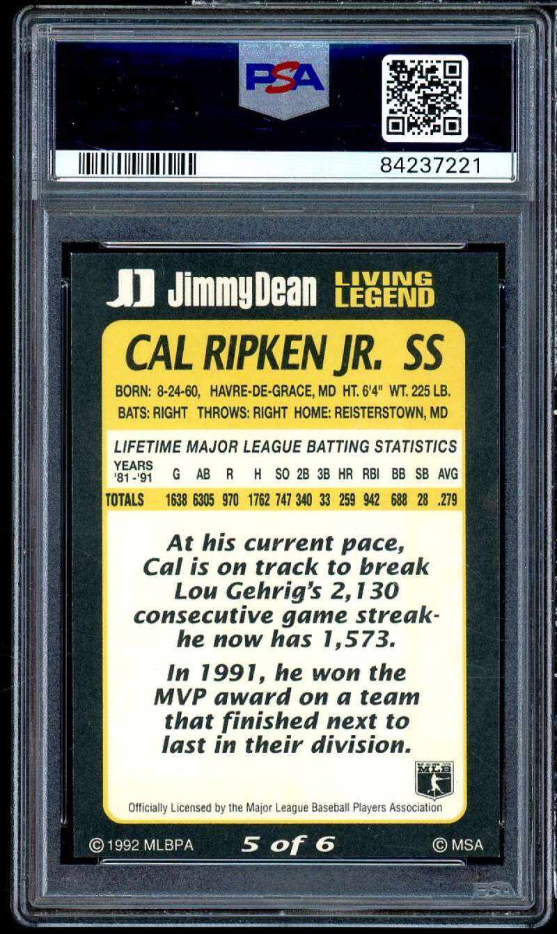 Cal Ripken Jr. Card 1992 Jimmy Dean Living Legends #5 PSA 10 Image 2