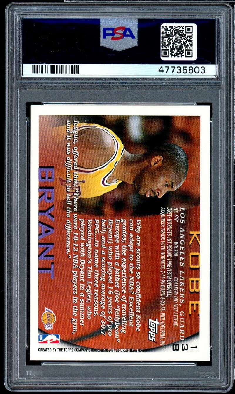 Kobe Bryant Rookie Card 1996-97 Topps #138 PSA 9 Image 2