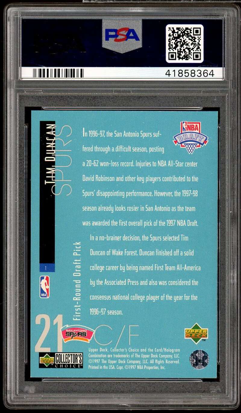 Tim Duncan Rookie Card 1997-98 Collector's Choice Draft Trade #1 PSA 9 Image 2