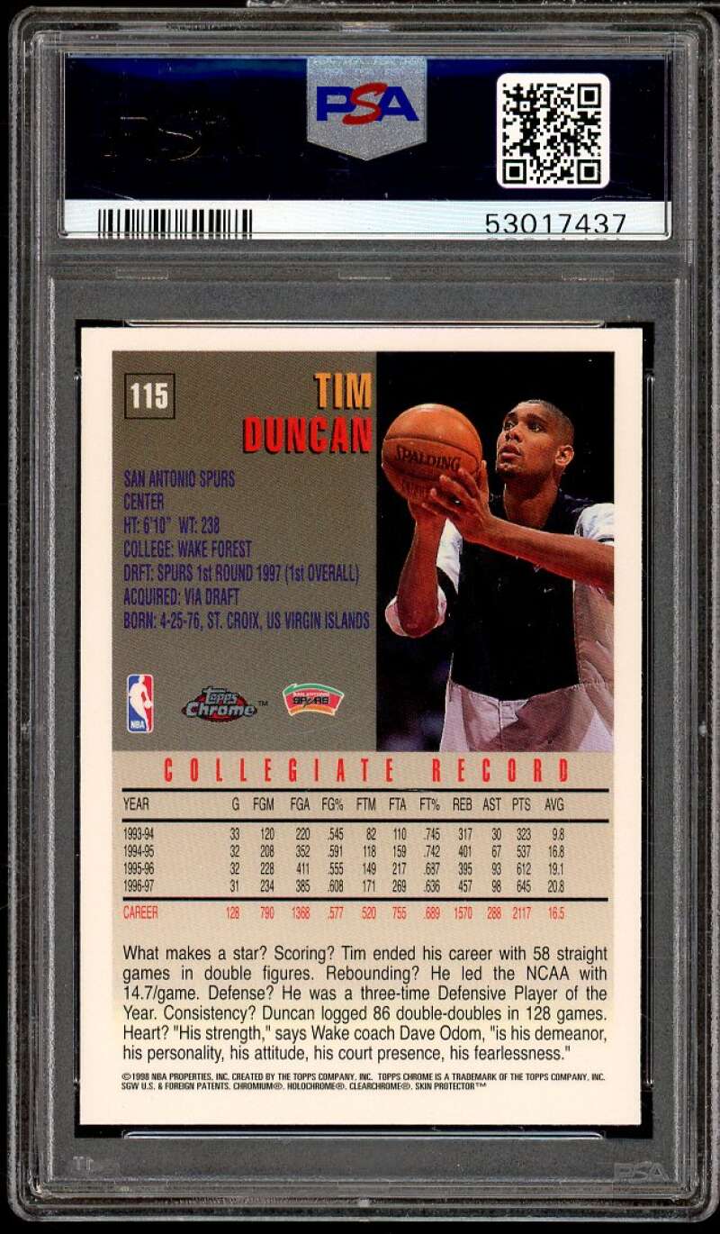 Tim Duncan Rookie Card 1997-98 Topps Chrome #115 PSA 9 Image 2