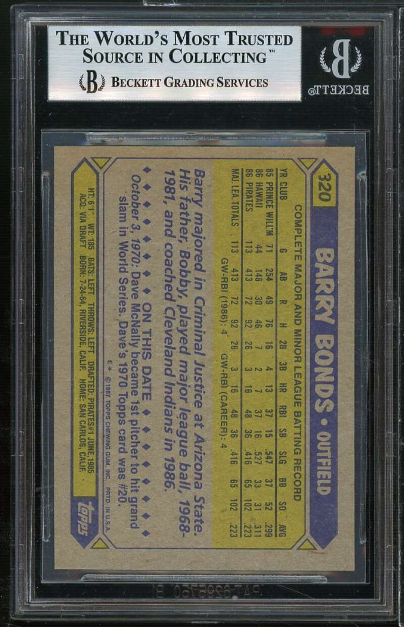 Barry Bonds Rookie Card 1987 Topps #320 BGS 9 (9 9 9 9) Image 2