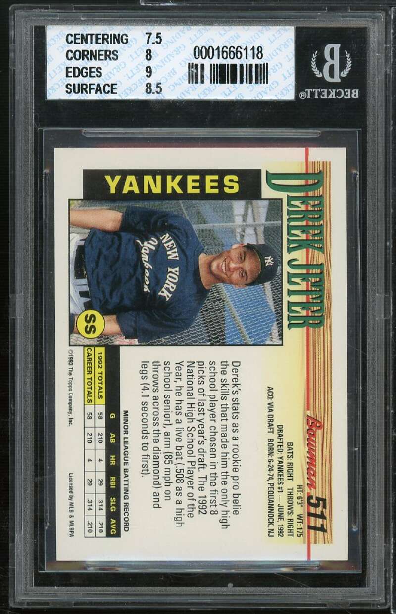 Derek Jeter Rookie Card 1993 Bowman #511 BGS 8 (7.5 9 9 8.5) Image 2