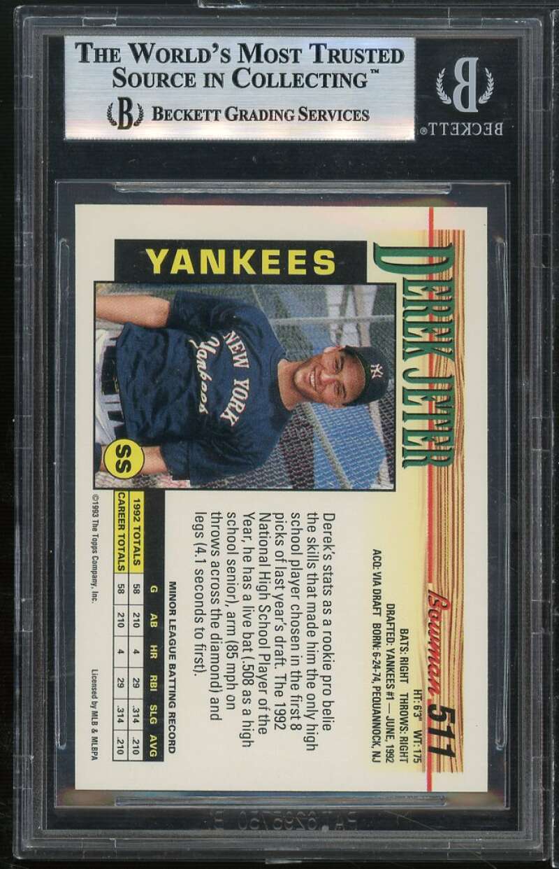 Derek Jeter Rookie Card 1993 Bowman #511 BGS 9 (8.5 9 9 9.5) Image 2