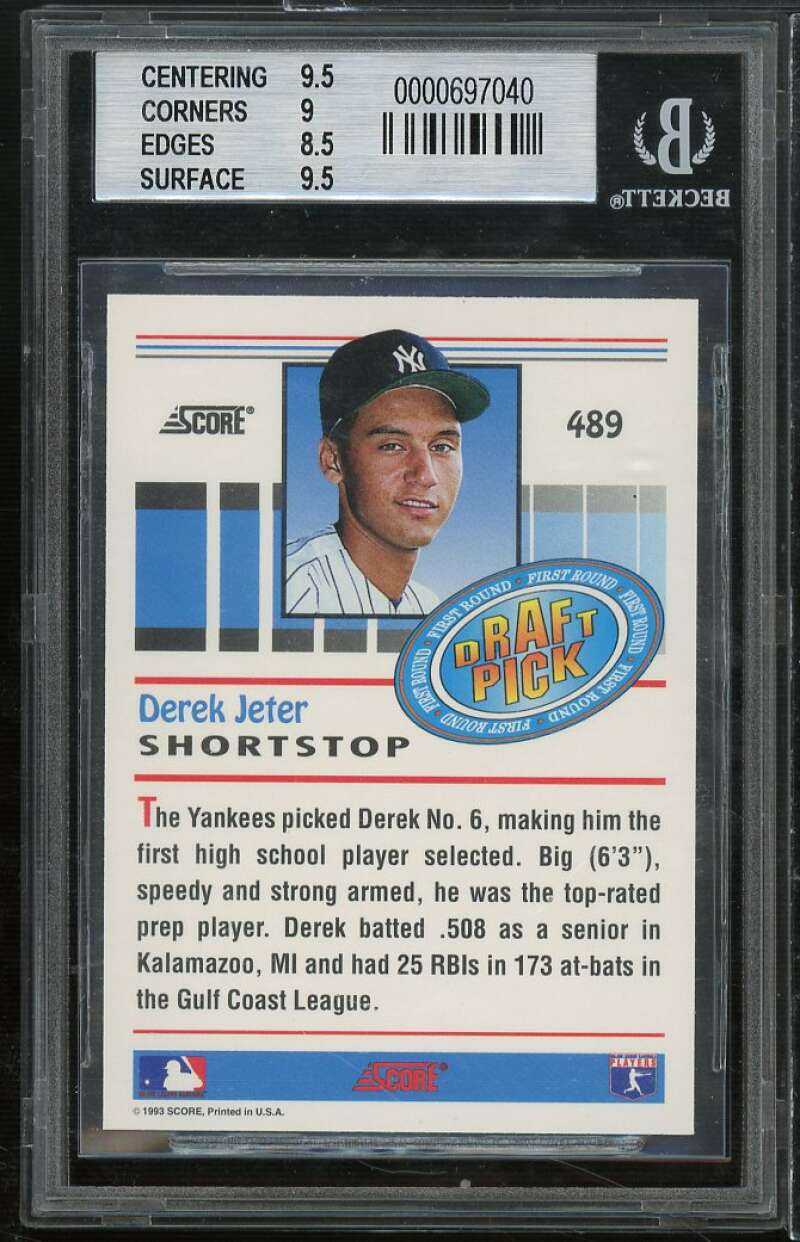 Derek Jeter Rookie Card 1993 Score #489 BGS 9 (9.5 9 8.5 9.5) Image 2